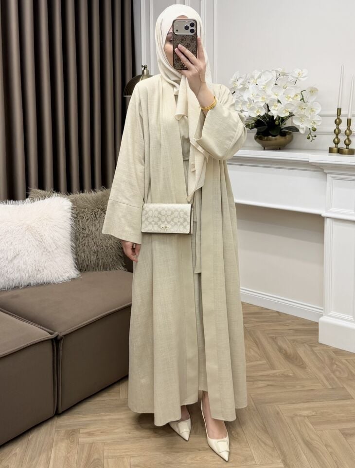 Linen Keten Abaya Takım Bej