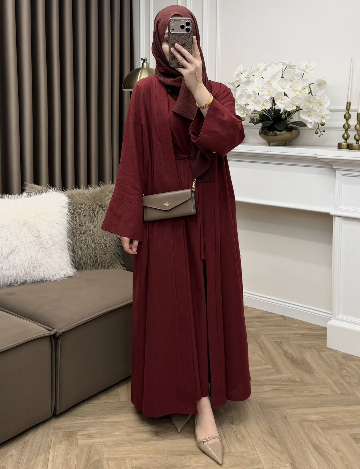 Linen Keten Abaya Takım Bordo
