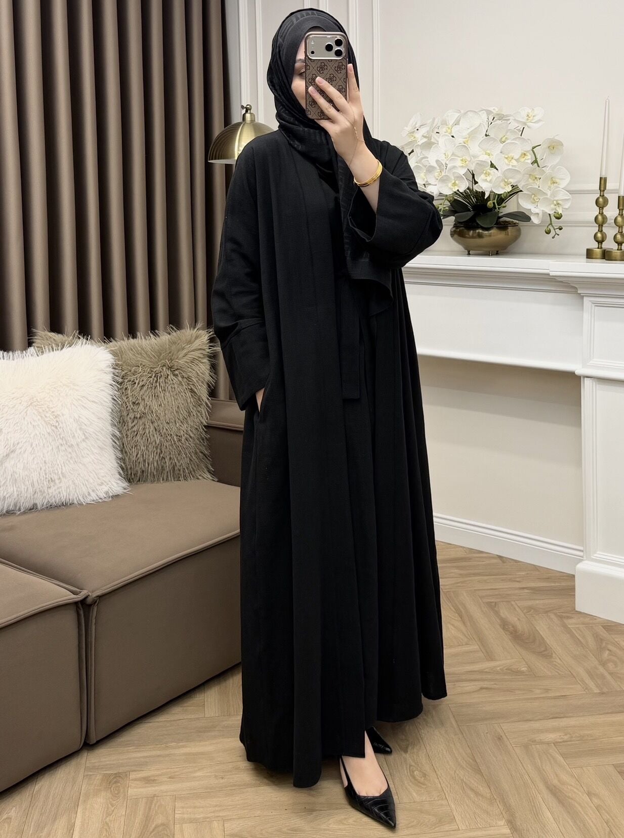 Linen Keten Abaya Takım Siyah