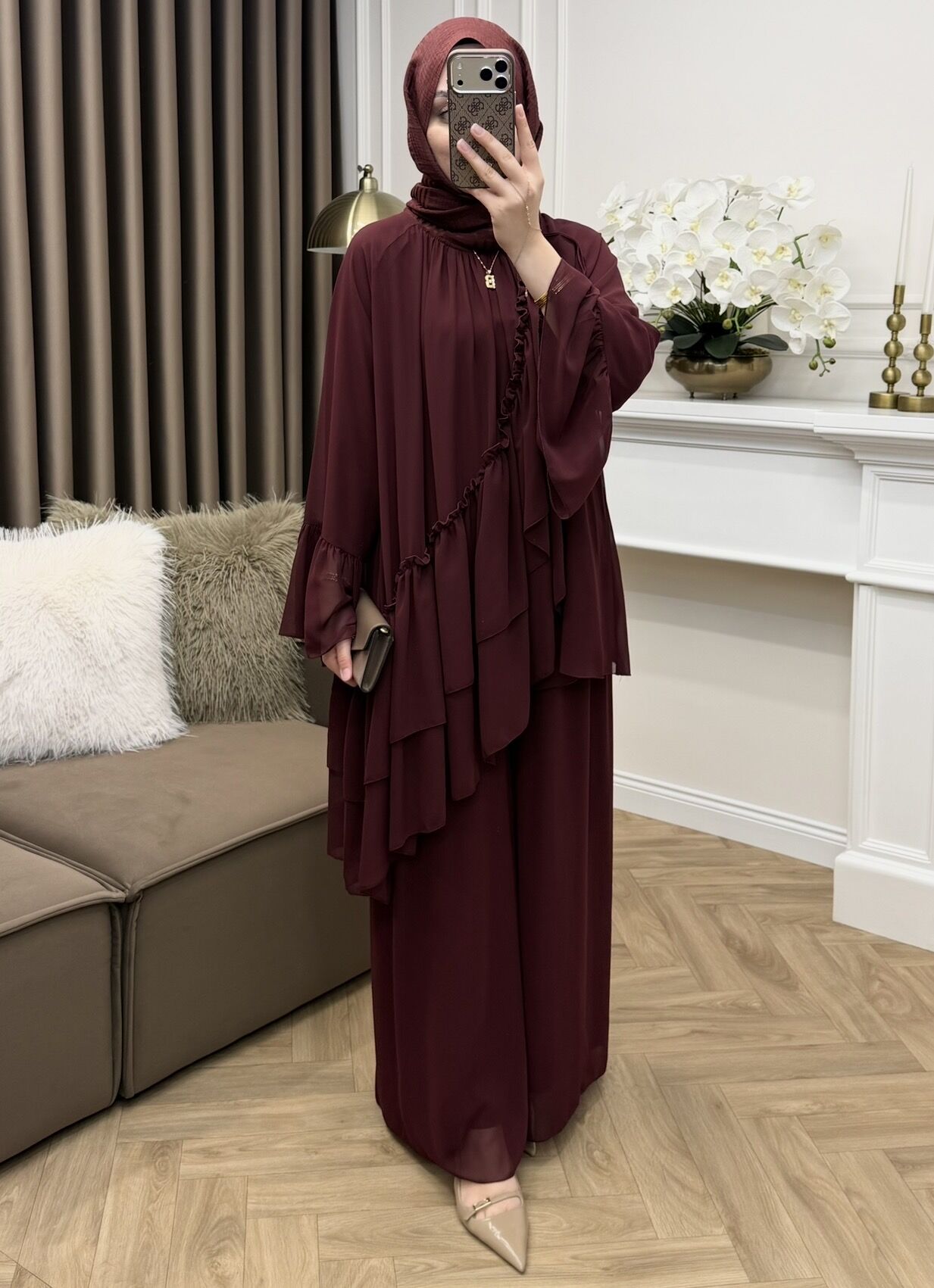 Eva Fırfırlı Şifon Takım Bordo