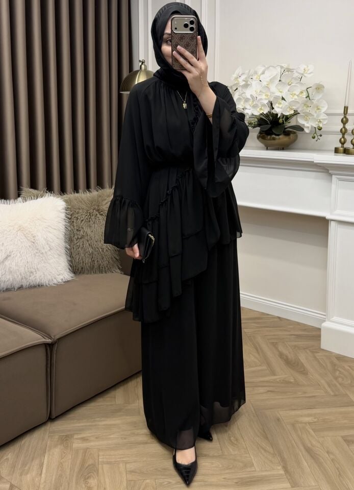 Eva Fırfırlı Şifon Takım Siyah