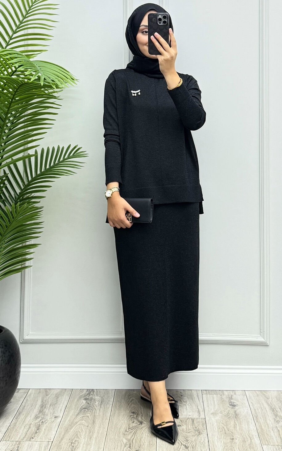 Peride Simli Merserize Etekli Takım Siyah