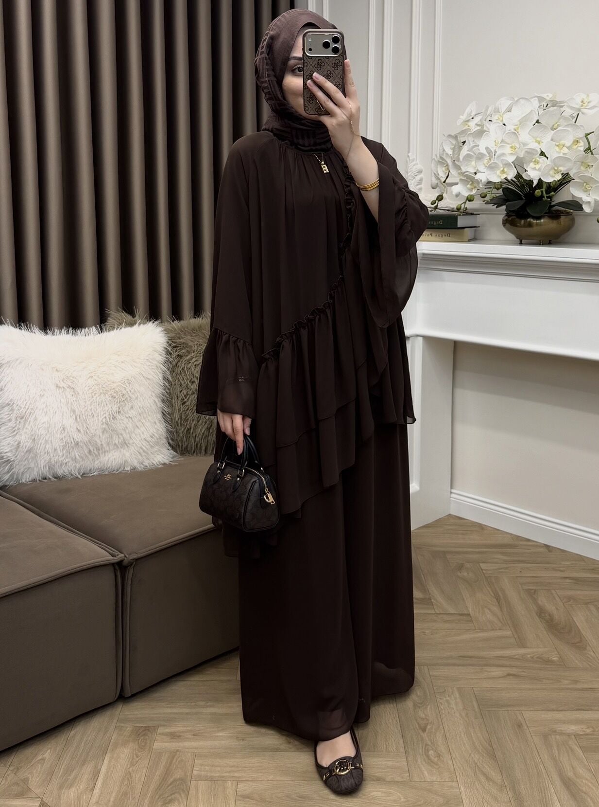Eva Şifon Fırfırlı Takım Kahve