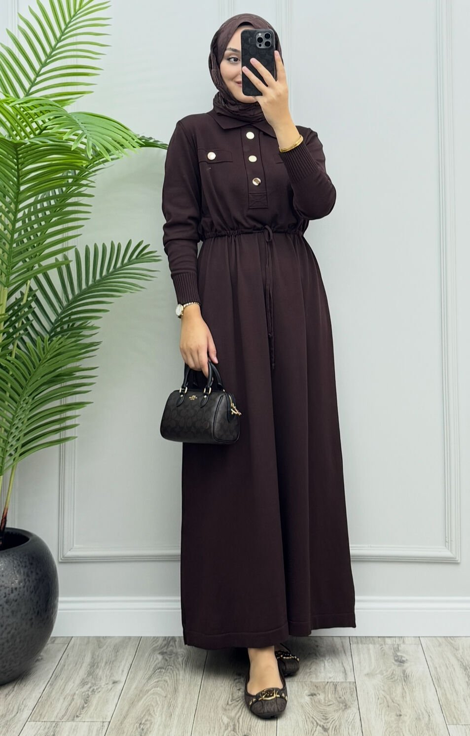 Mayla Merserize Elbise Kahve