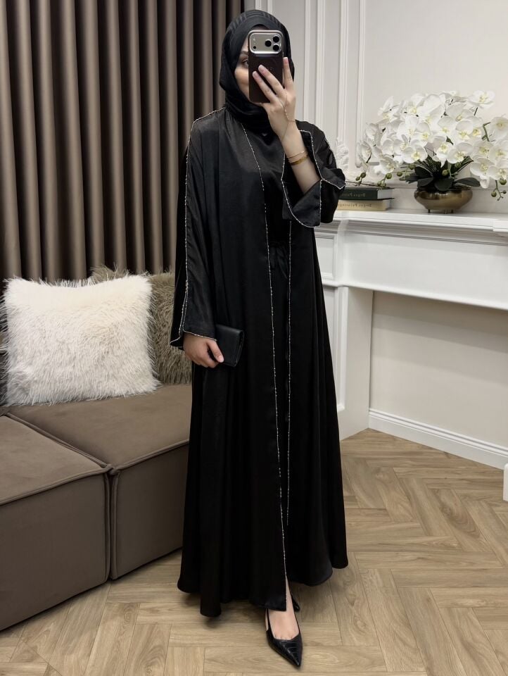 Dubai Taşlı Saten Abaya Takım Siyah