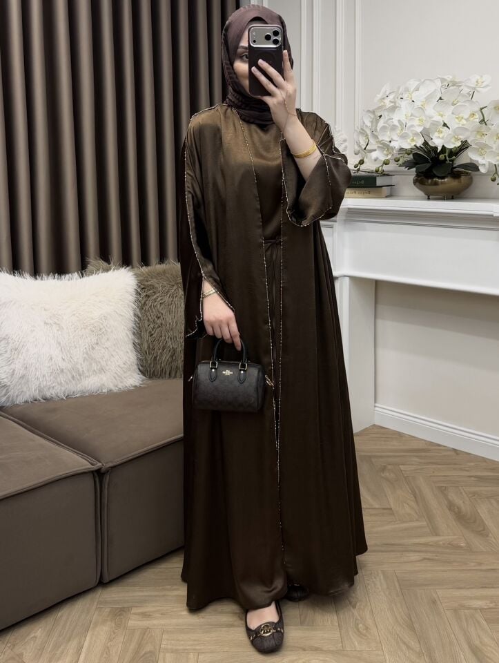 Dubai Taşlı Saten Abaya Takım Kahve