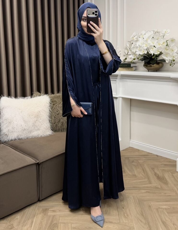 Dubai Taşlı Saten Abaya Takım Lacivert
