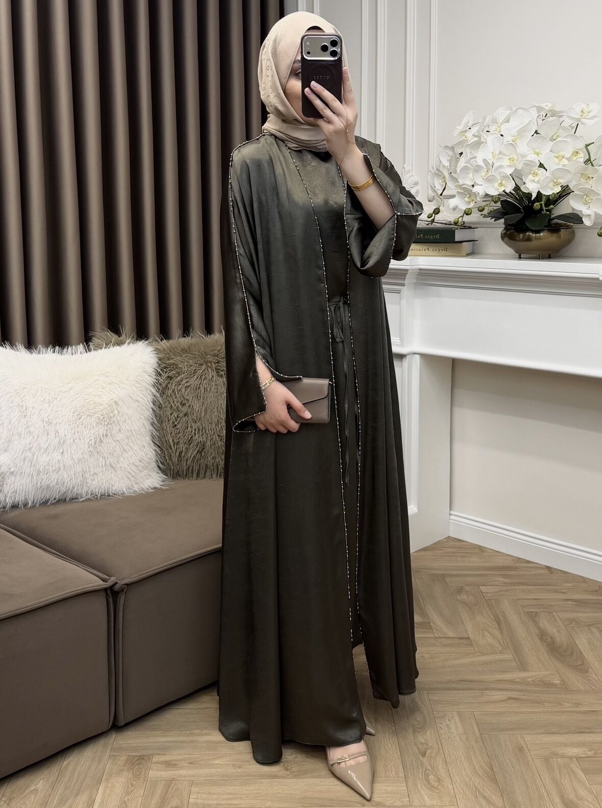 Dubai Taşlı Saten Abaya Takım Haki