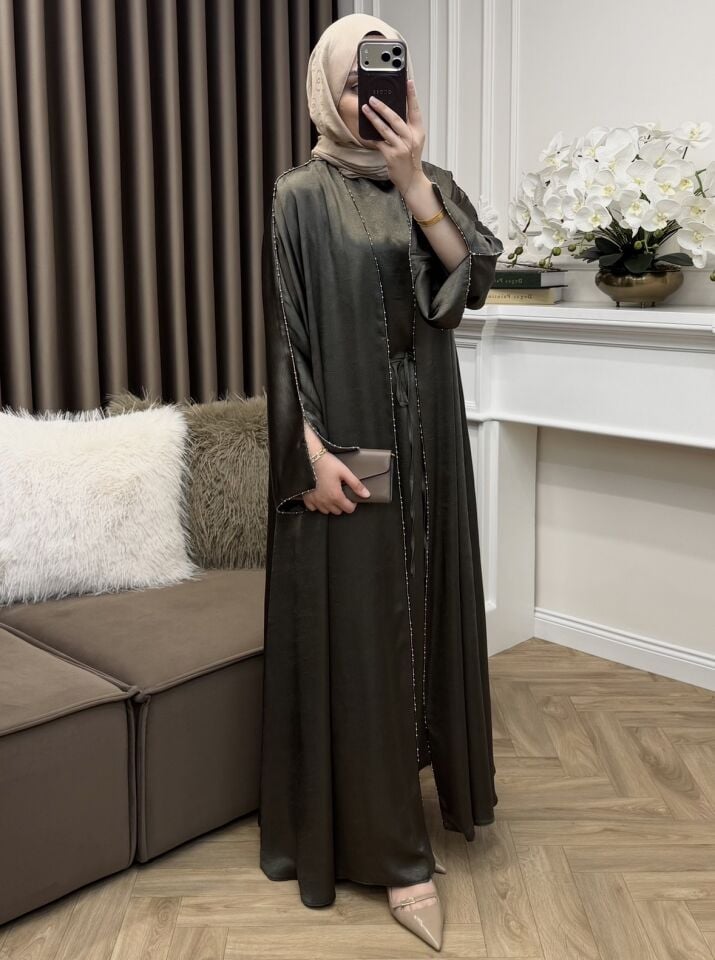 Dubai Taşlı Saten Abaya Takım Haki