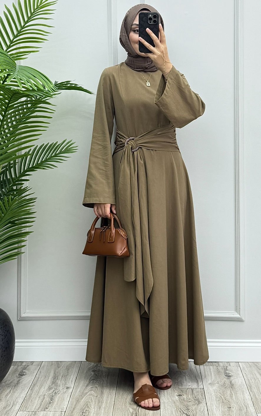 Linen Keten Elbise Haki