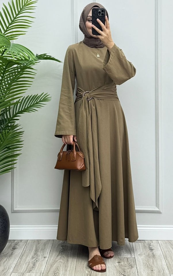 Linen Keten Elbise Haki