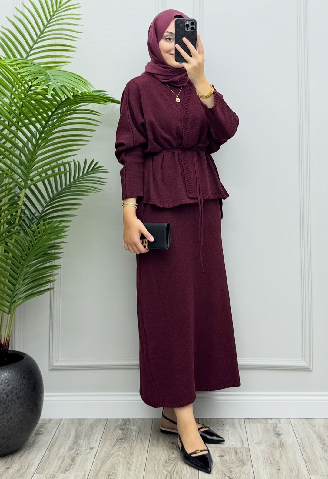 Lune İç Elbiseli Hırka Takım Bordo