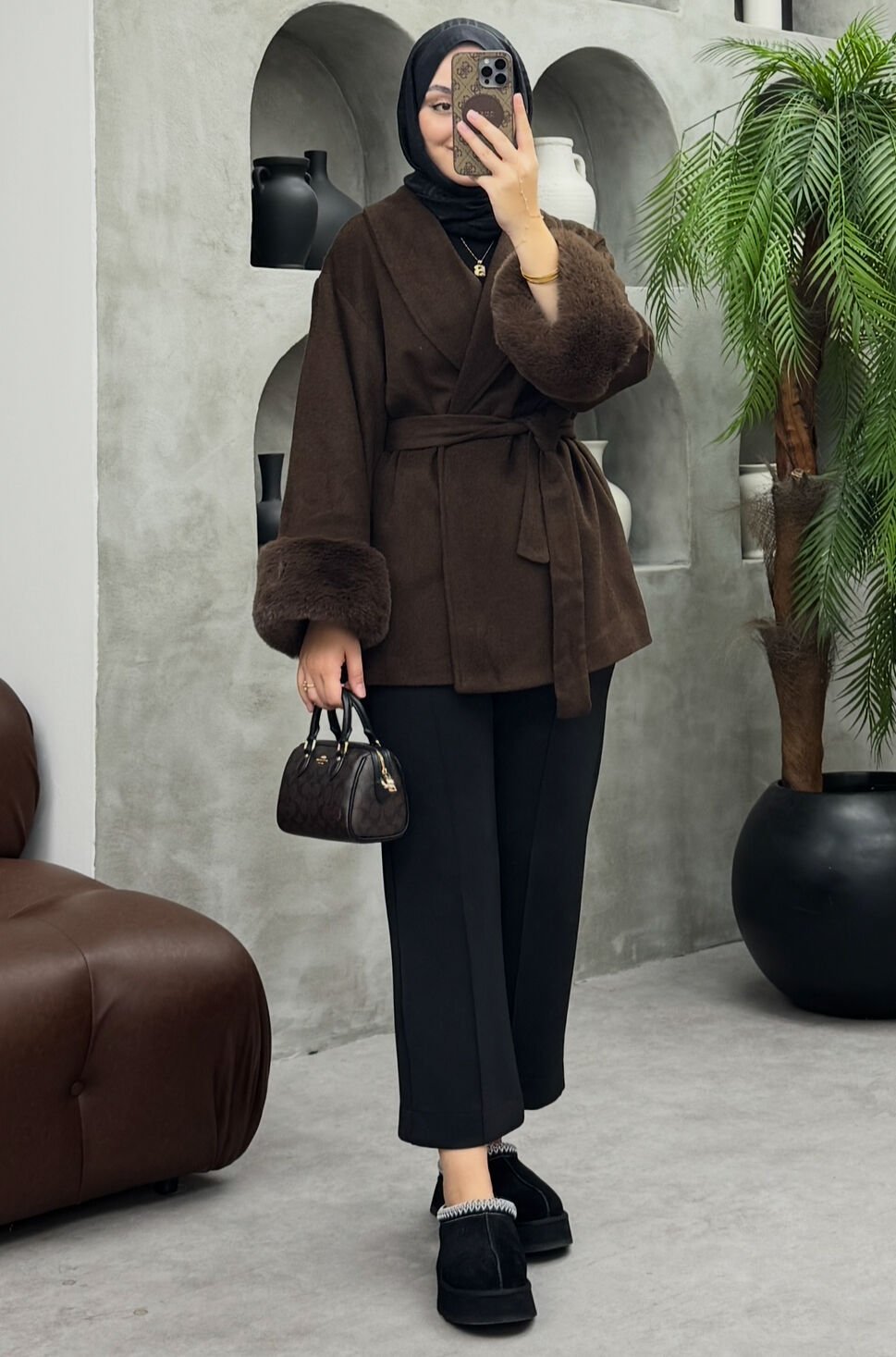 Reyna Kürklü Kaşe Kaban Kahve