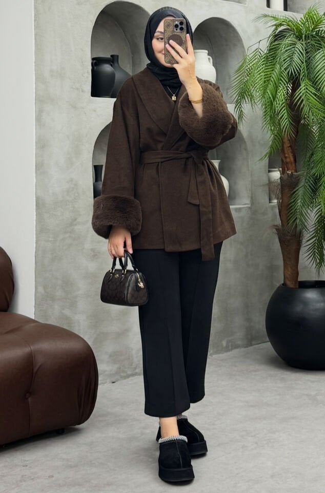 Reyna Kürklü Kaşe Kaban Kahve