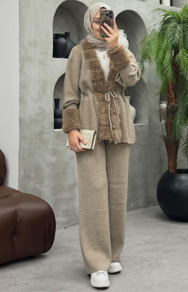 Dolce Kürklü Triko Takım Vizon (ön sipariş)