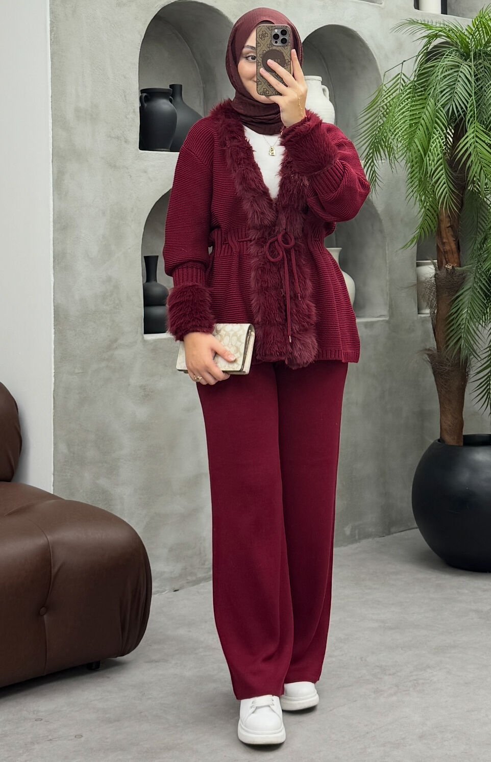 Dolce Kürklü Triko Takım Bordo (ön sipariş)