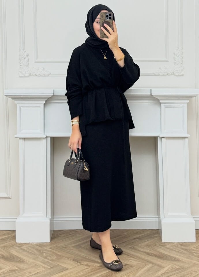 Lune Triko İç Elbiseli Hırka Takım Siyah