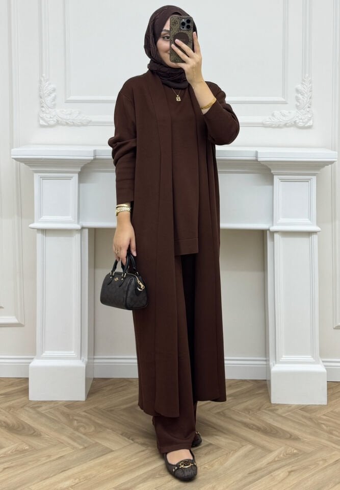 Kayra Çelik Örme Üçlü Takım Kahve