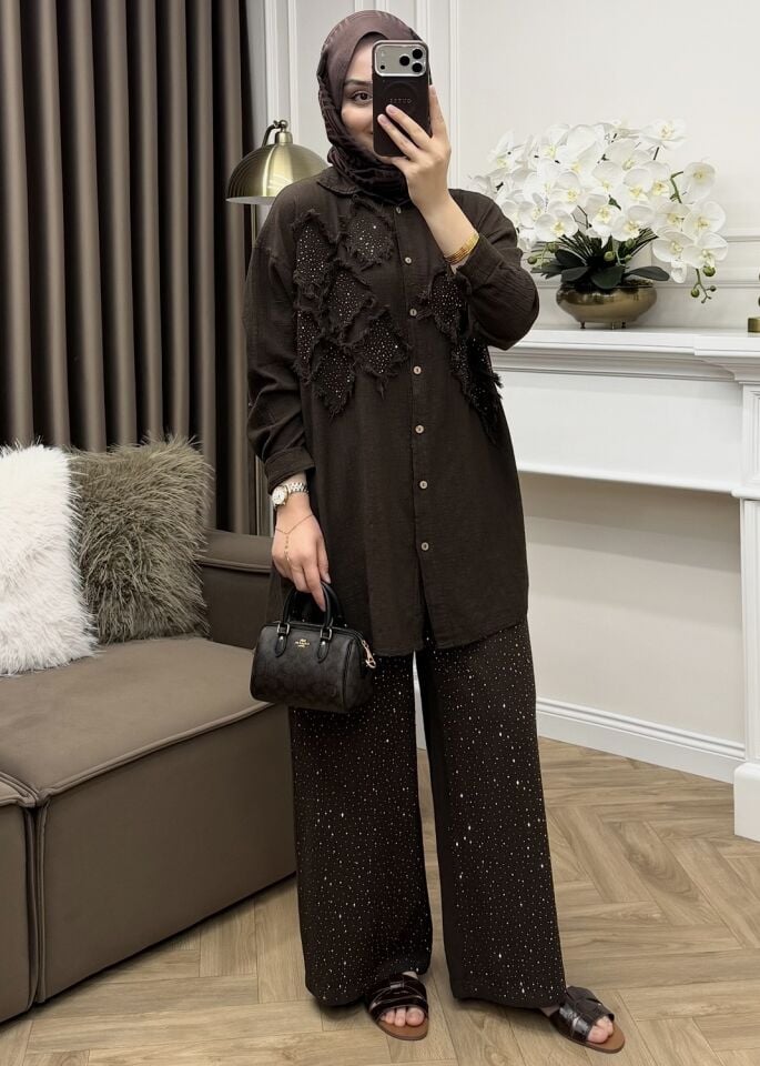 Reyna Taşlı Takım Kahve