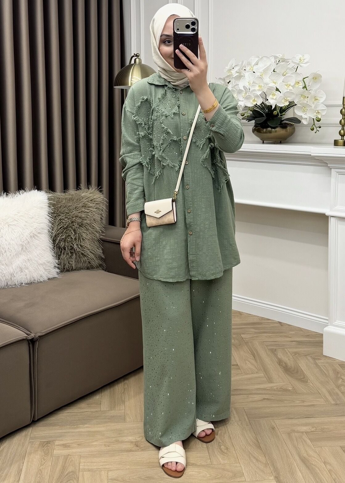 Reyna Taşlı Keten Takım Mint