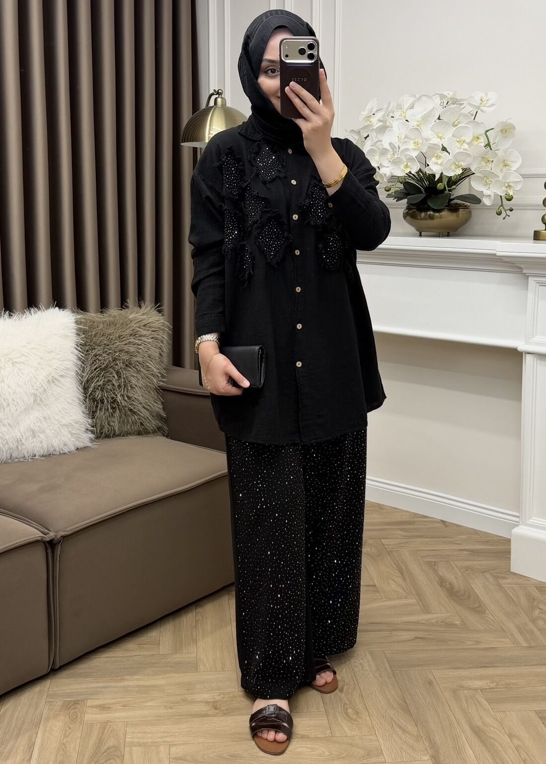 Reyna Taşlı Keten Takım Siyah