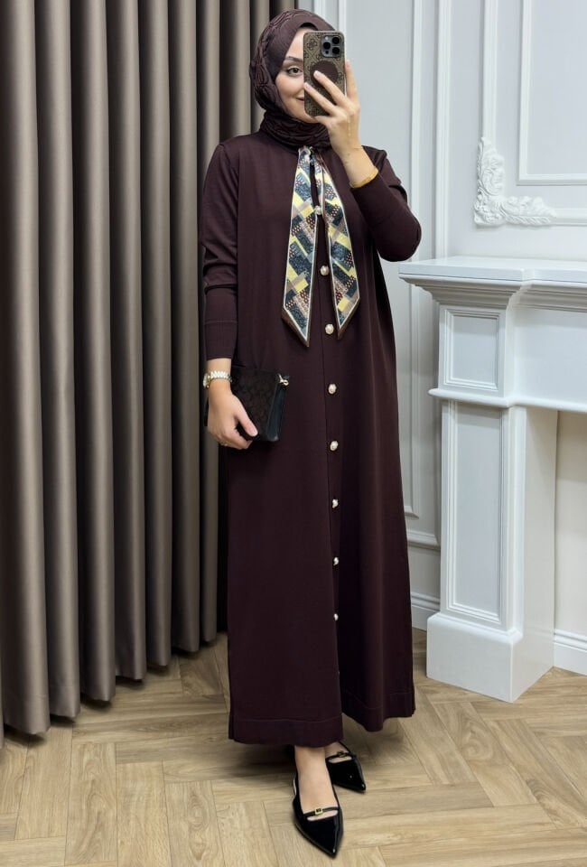 Elle Fularlı Merserize Elbise Kahve