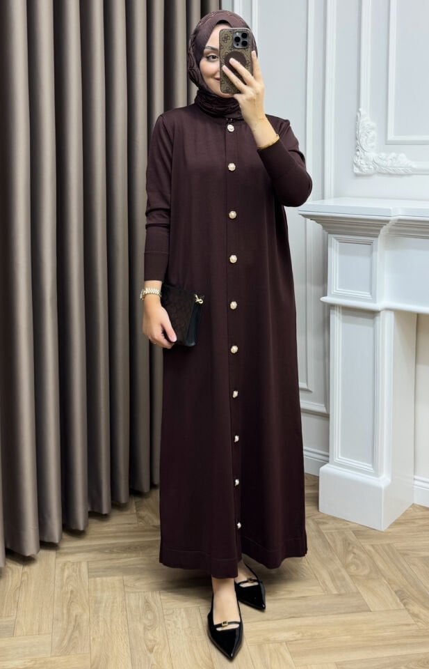 Elle Fularlı Merserize Elbise Kahve