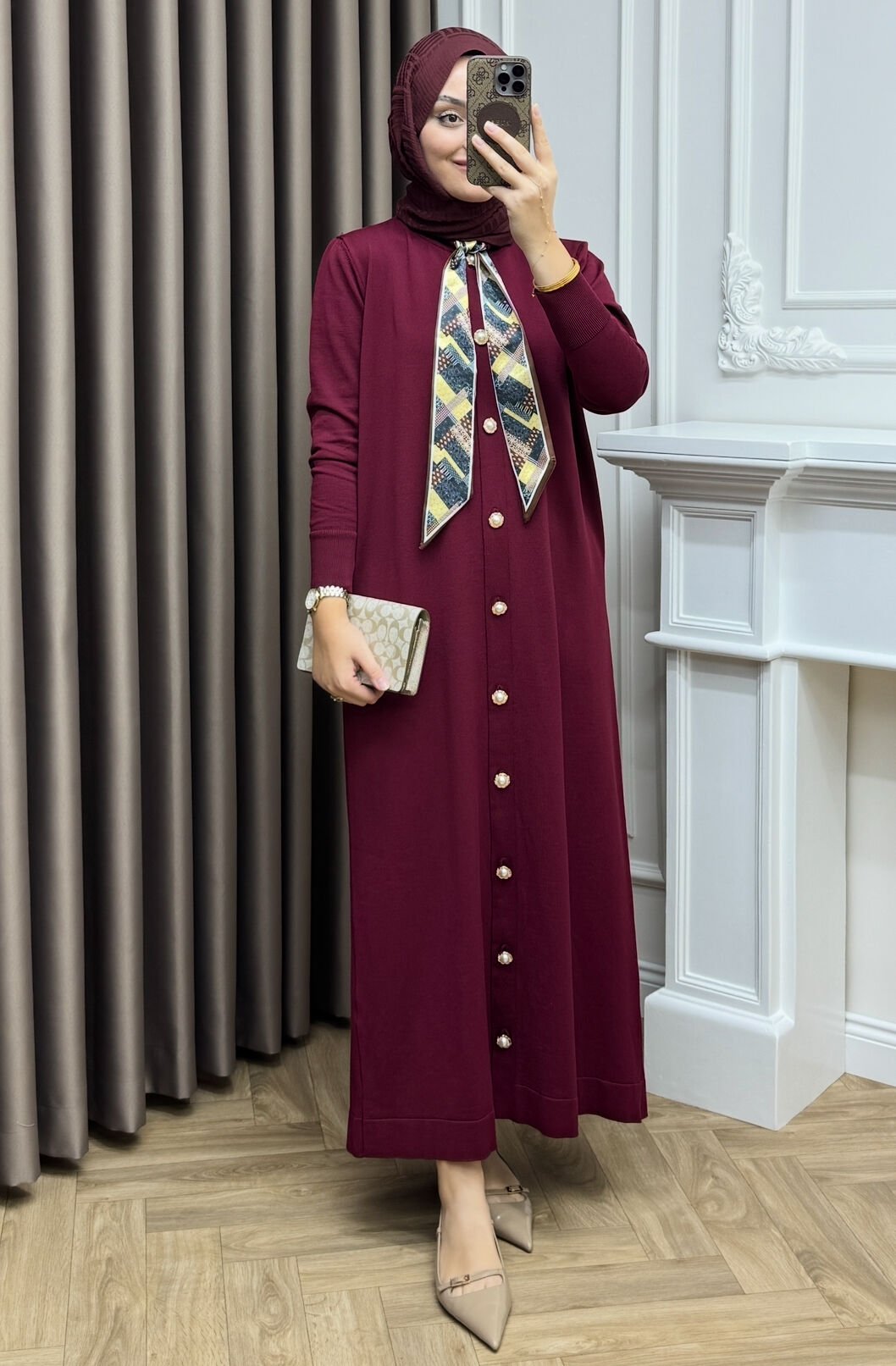 Elle Fularlı Merserize Elbise Bordo