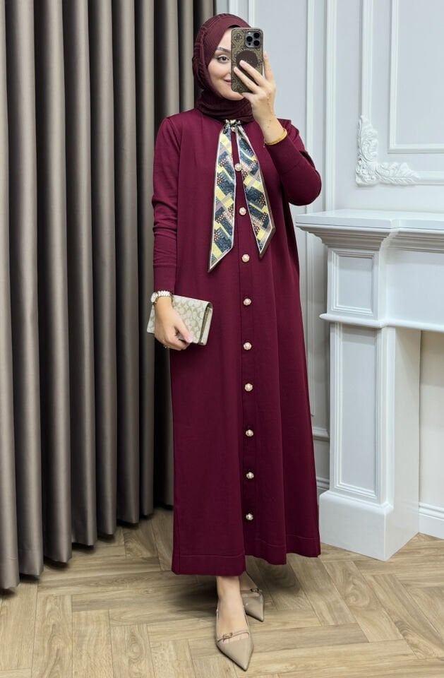 Elle Fularlı Merserize Elbise Bordo