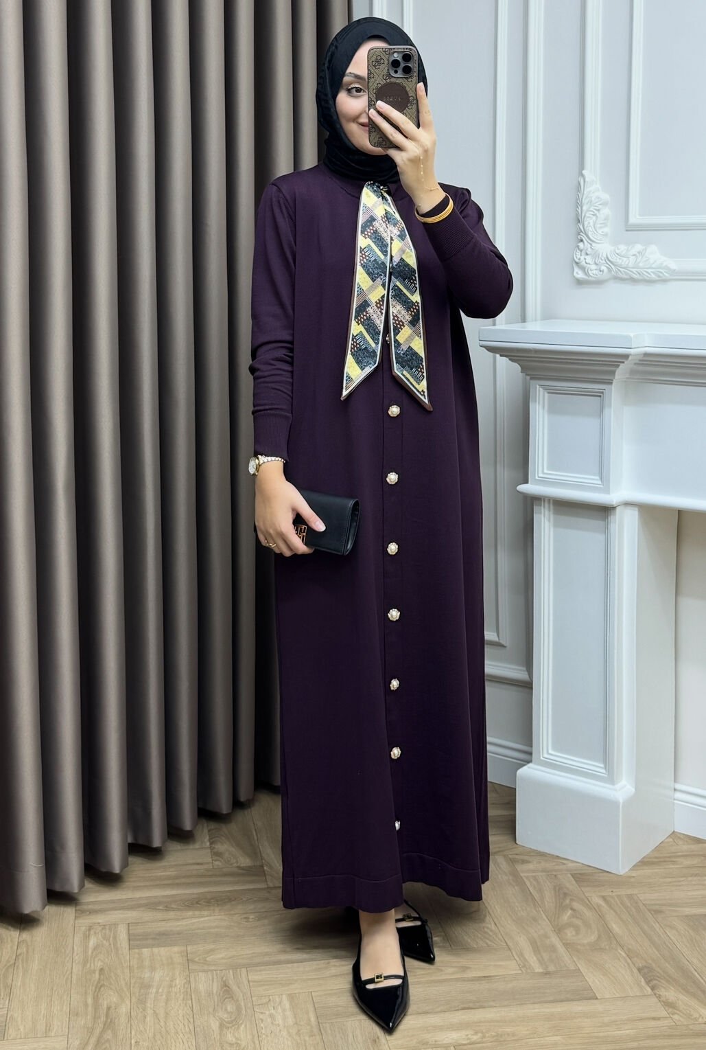 Elle Fularlı Merserize Elbise Mürdüm