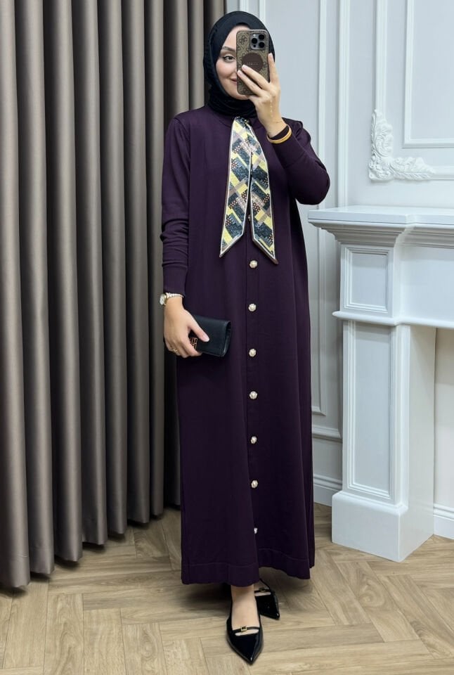 Elle Fularlı Merserize Elbise Mürdüm