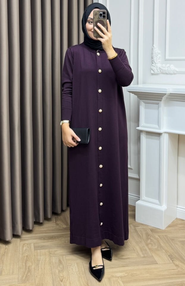 Elle Fularlı Merserize Elbise Mürdüm