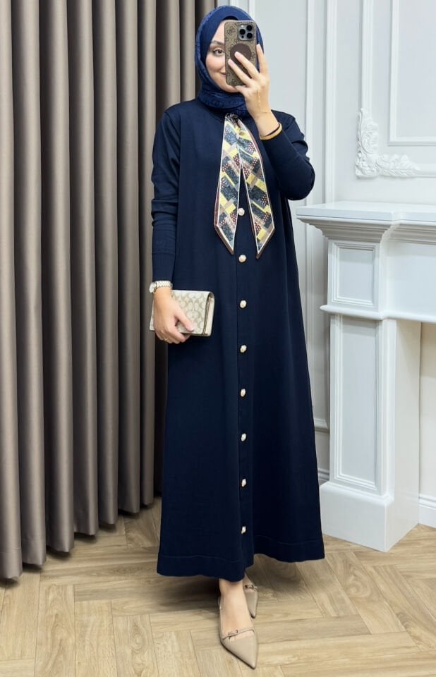 Elle Fularlı Merserize Elbise Lacivert