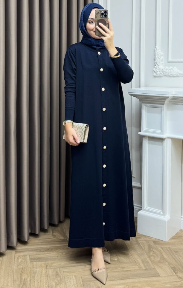 Elle Fularlı Merserize Elbise Lacivert