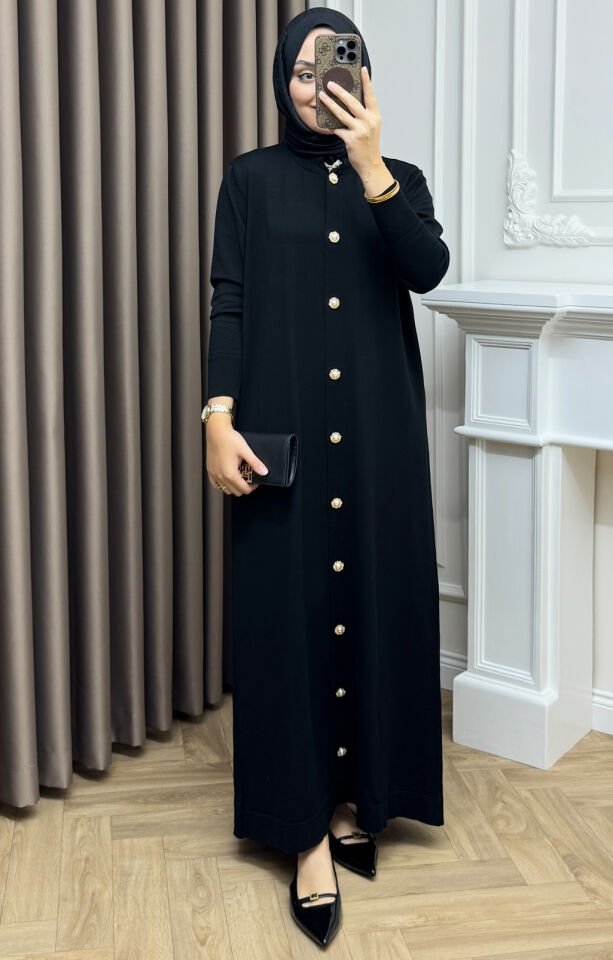 Elle Fularlı Merserize Elbise Siyah