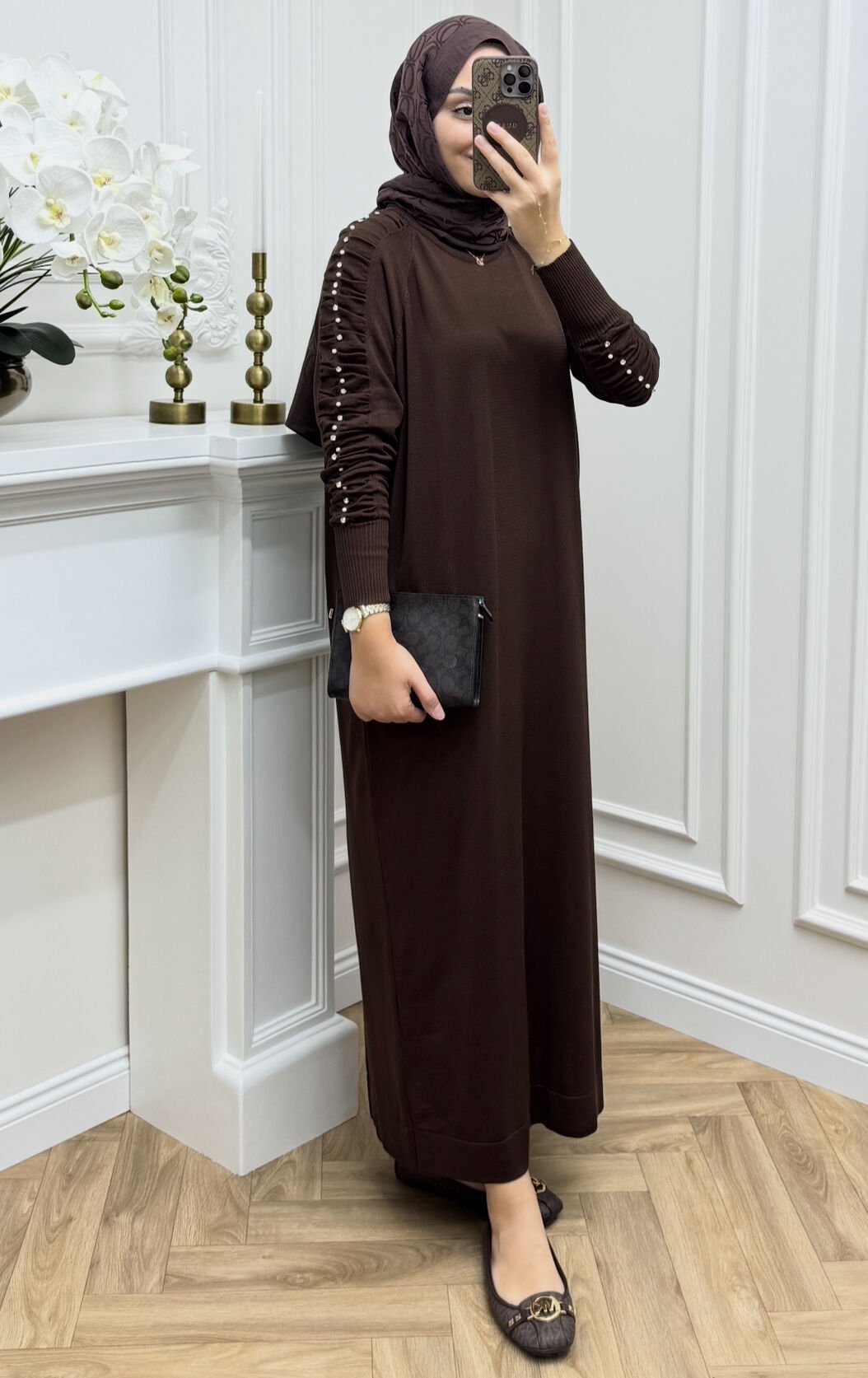 Melo İncili Merserize Elbise Kahve