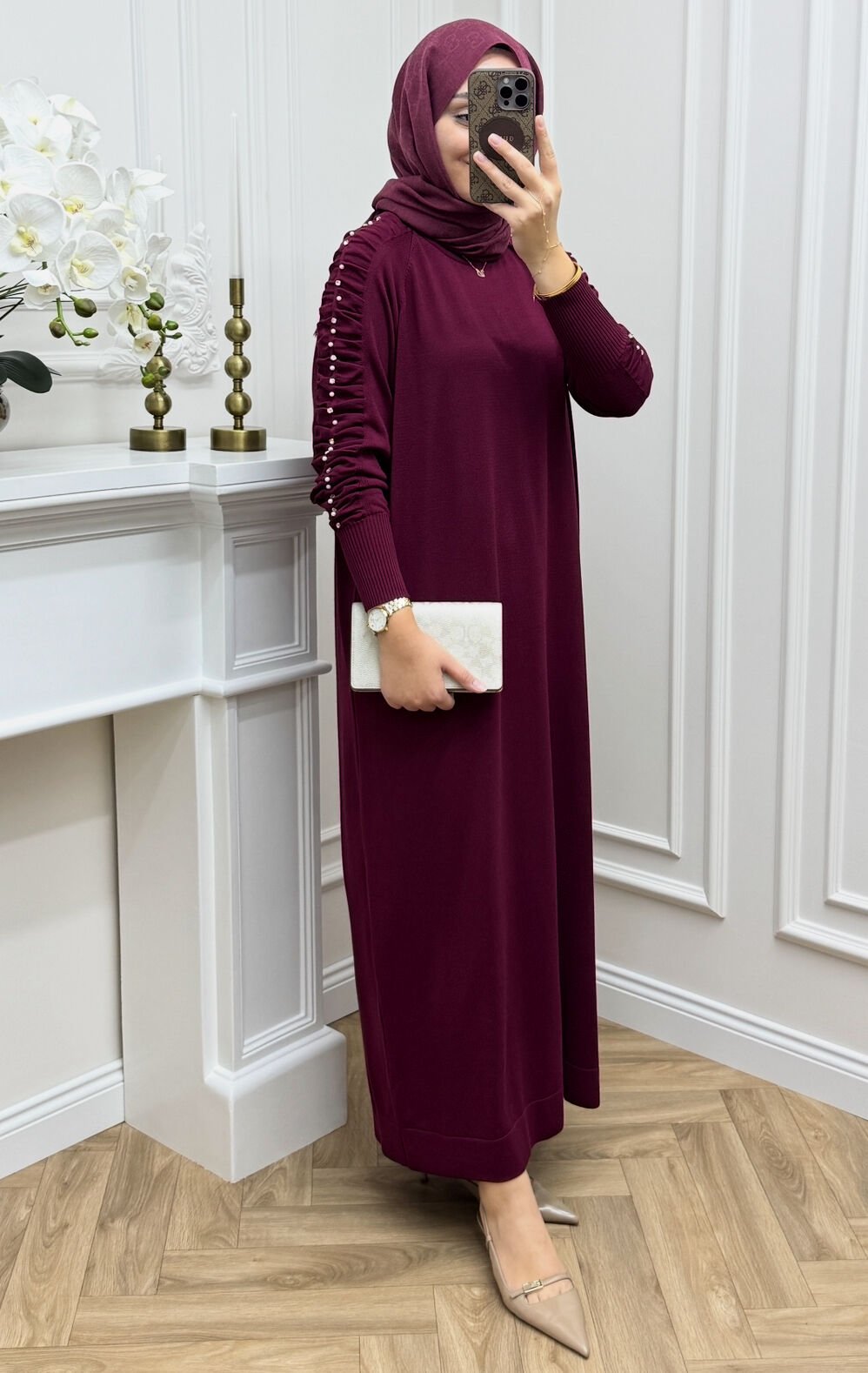 Melo İncili Merserize Elbise Bordo