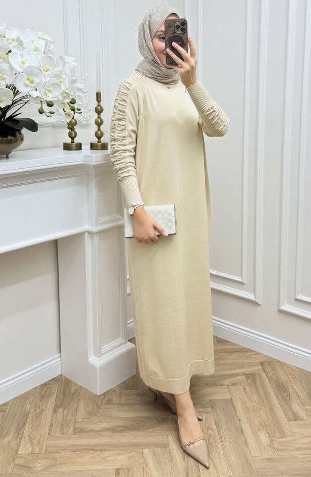 Melo İncili Merserize Elbise Krem