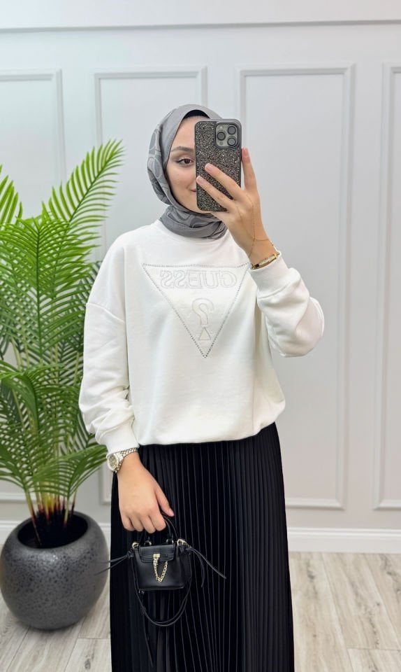 Guess Taşlı Sweat Beyaz