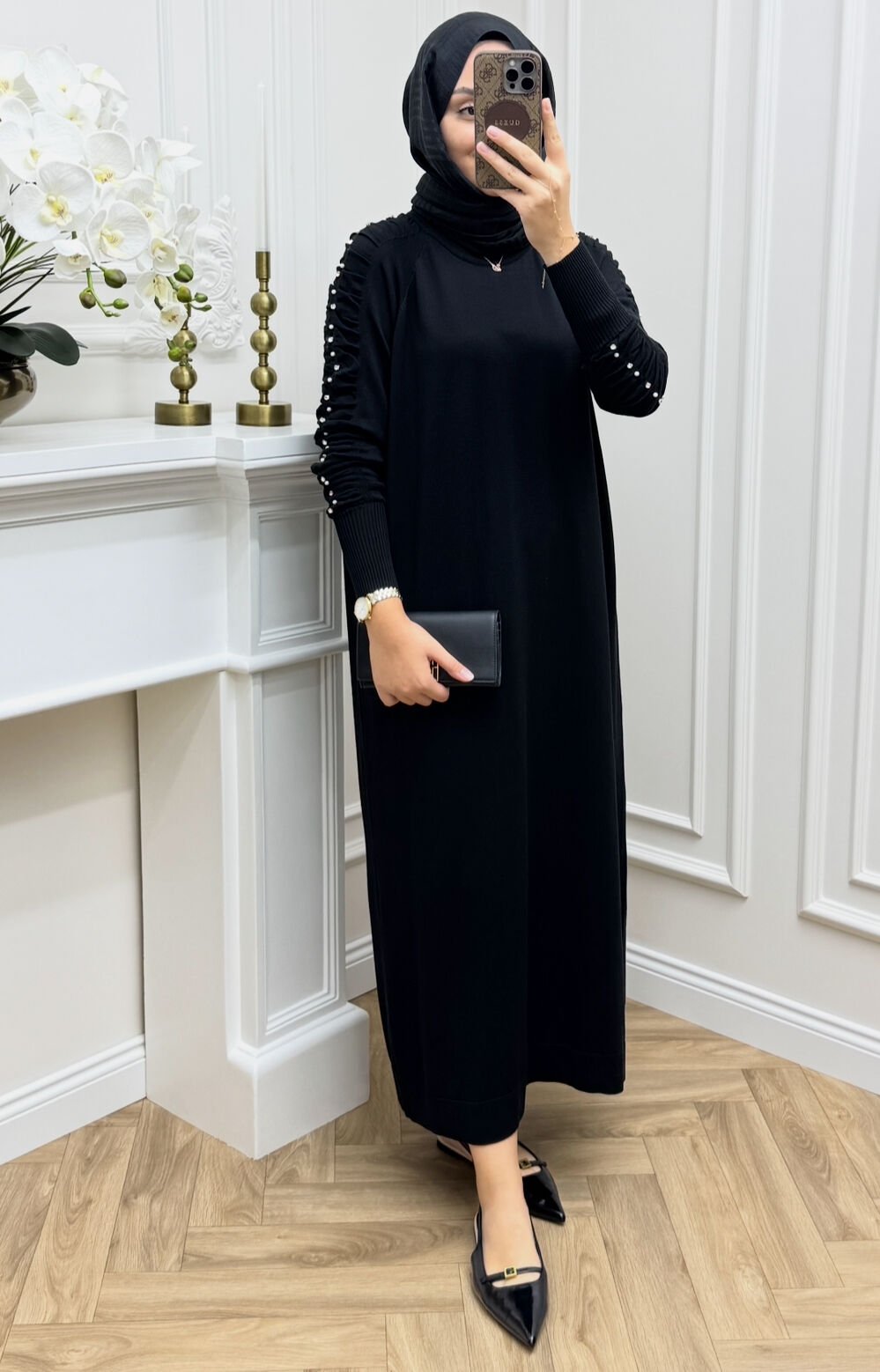 Melo İncili Merserize Elbise Siyah