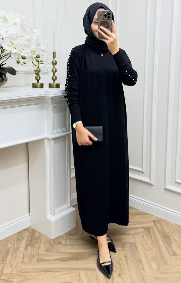 Melo İncili Merserize Elbise Siyah