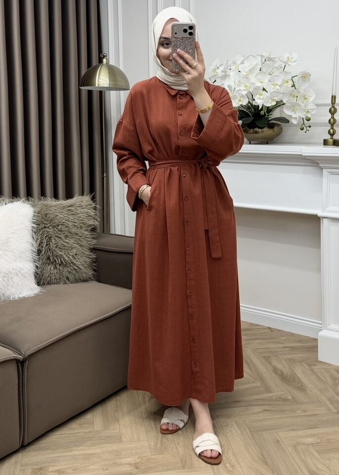 Karina Keten Gömlek Elbise Kiremit