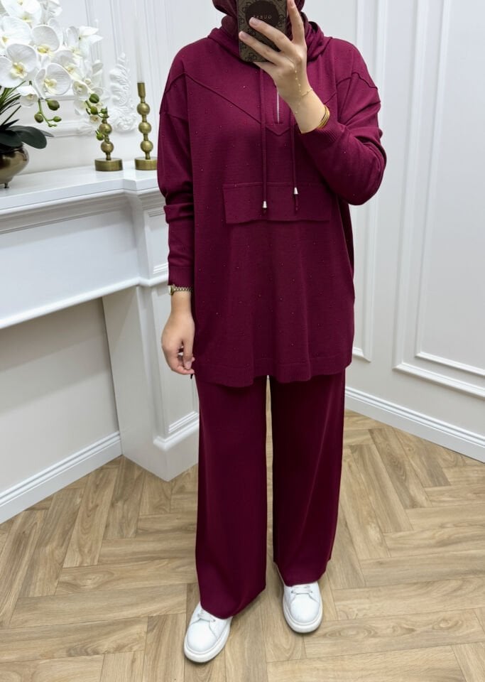 Rozi Taşlı Merserize Takım Bordo