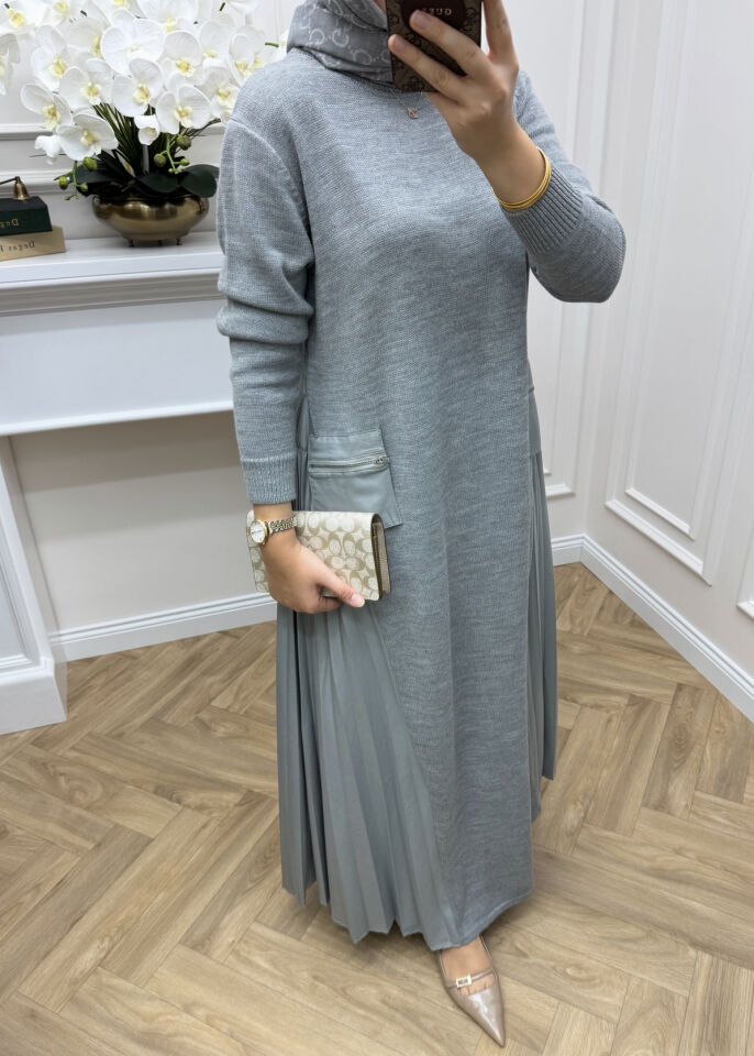 Sara Piliseli Triko Elbise Gri