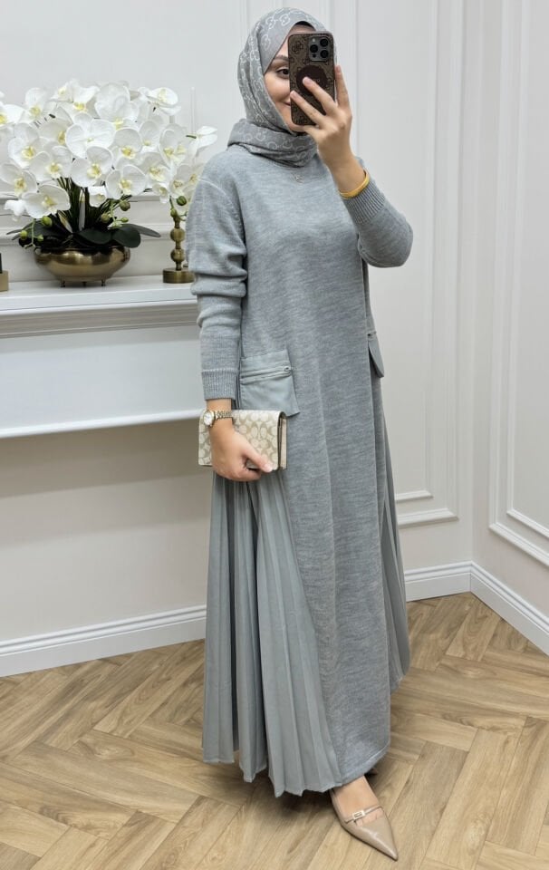 Sara Piliseli Triko Elbise Gri