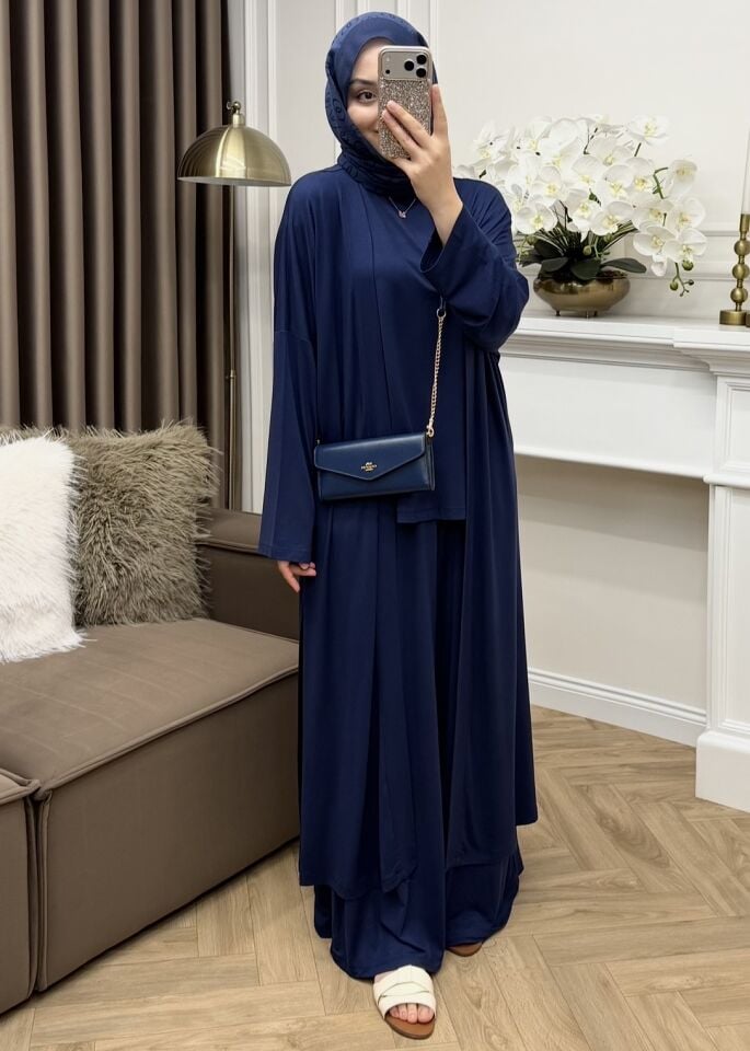 Minal Penye Üçlü Abaya Takım Lacivert
