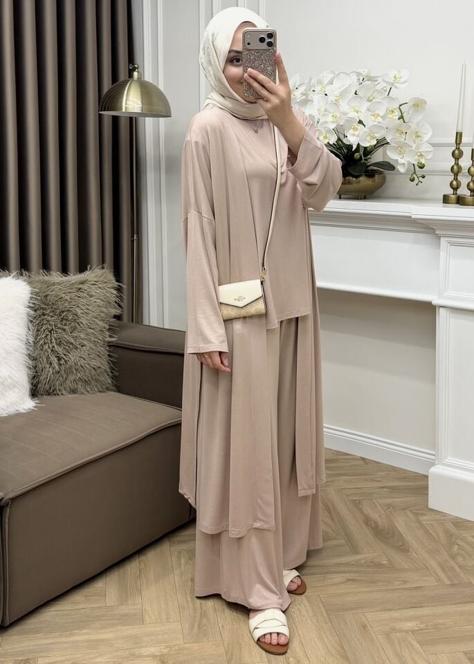 Minal Penye Üçlü Abaya Takım Vizon