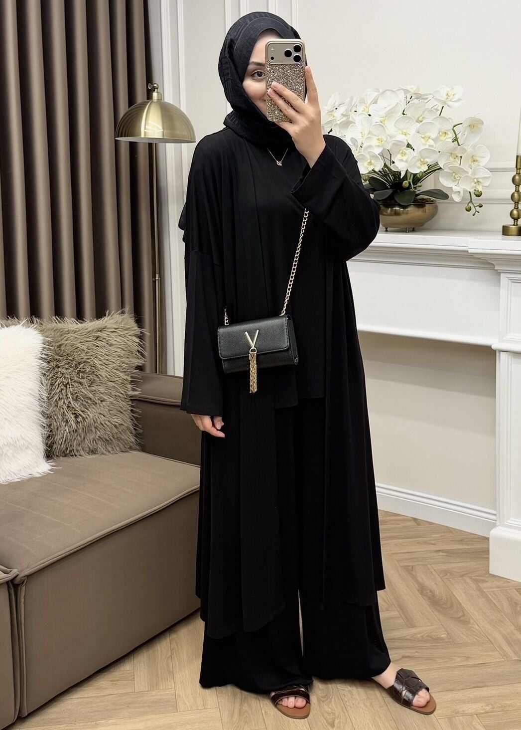 Minal Penye Üçlü Abaya Takım Siyah