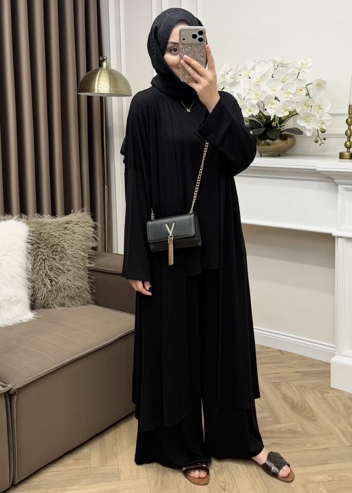 Minal Penye Üçlü Abaya Takım Siyah