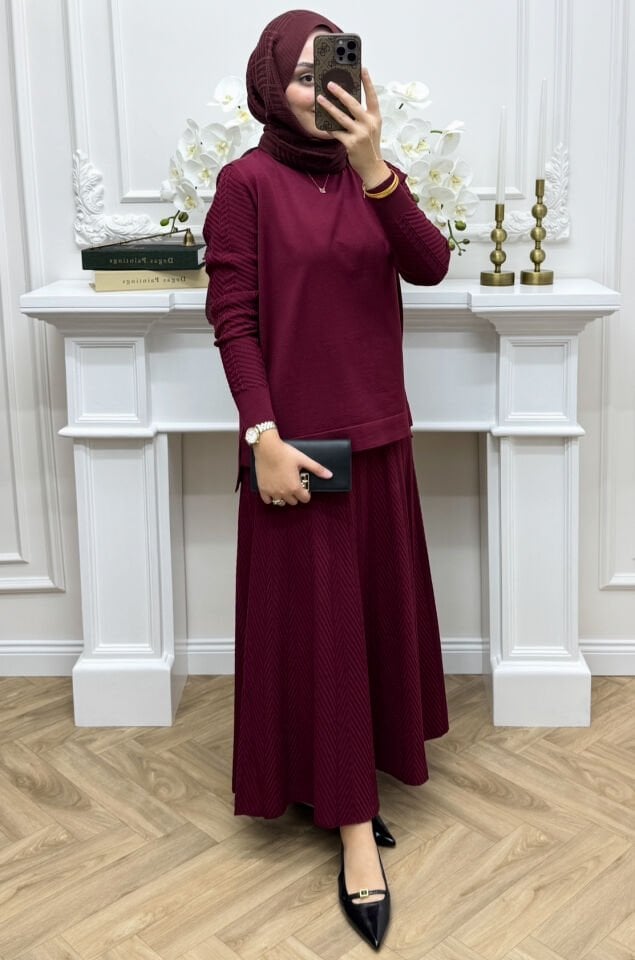 Melinda Merserize Etekli Takım Bordo